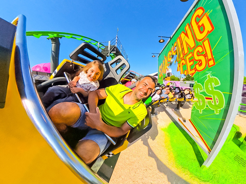 Guests on the Cowabunga Carts attraction
